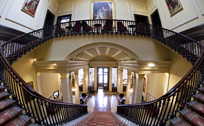 View from stairs of entrance hall to Club building